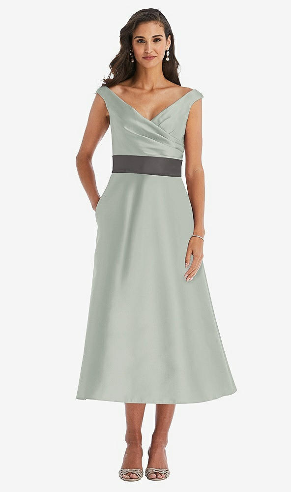 Front View - Willow Green & Caviar Gray Off-the-Shoulder Draped Wrap Satin Midi Dress with Pockets