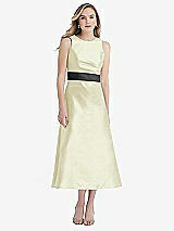 Front View Thumbnail - Butter Yellow & Pewter High-Neck Asymmetrical Shirred Satin Midi Dress with Pockets