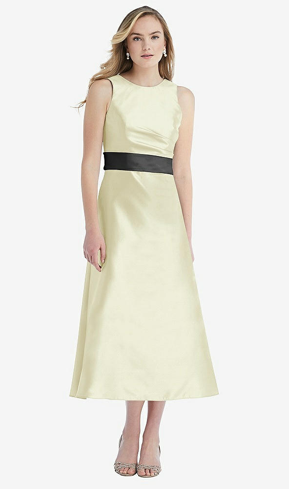 Front View - Butter Yellow & Pewter High-Neck Asymmetrical Shirred Satin Midi Dress with Pockets
