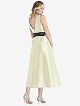 Rear View Thumbnail - Butter Yellow & Pewter High-Neck Asymmetrical Shirred Satin Midi Dress with Pockets