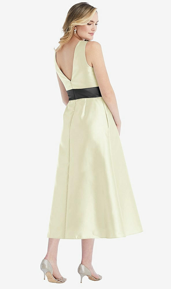 Back View - Butter Yellow & Pewter High-Neck Asymmetrical Shirred Satin Midi Dress with Pockets