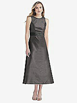Front View Thumbnail - Caviar Gray & Pewter High-Neck Asymmetrical Shirred Satin Midi Dress with Pockets