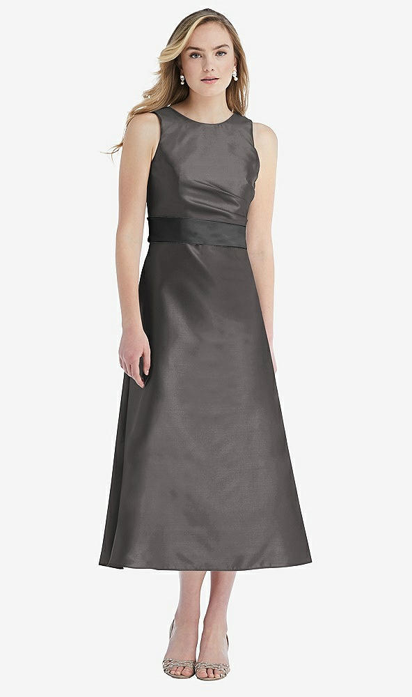 Front View - Caviar Gray & Pewter High-Neck Asymmetrical Shirred Satin Midi Dress with Pockets