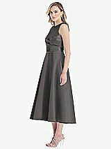 Side View Thumbnail - Caviar Gray & Pewter High-Neck Asymmetrical Shirred Satin Midi Dress with Pockets