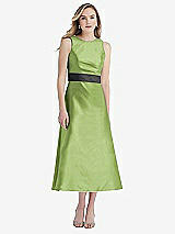 Front View Thumbnail - Mojito & Pewter High-Neck Asymmetrical Shirred Satin Midi Dress with Pockets