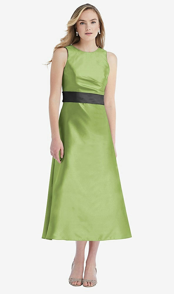 Front View - Mojito & Pewter High-Neck Asymmetrical Shirred Satin Midi Dress with Pockets