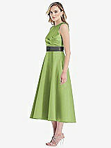 Side View Thumbnail - Mojito & Pewter High-Neck Asymmetrical Shirred Satin Midi Dress with Pockets