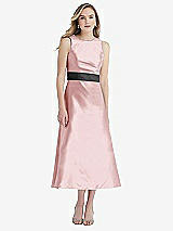 Front View Thumbnail - Ballet Pink & Pewter High-Neck Asymmetrical Shirred Satin Midi Dress with Pockets