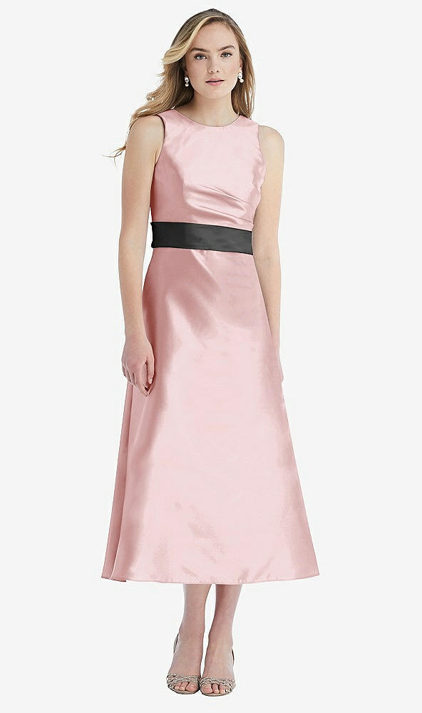 Front View - Ballet Pink & Pewter High-Neck Asymmetrical Shirred Satin Midi Dress with Pockets