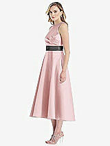 Side View Thumbnail - Ballet Pink & Pewter High-Neck Asymmetrical Shirred Satin Midi Dress with Pockets