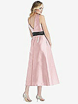 Rear View Thumbnail - Ballet Pink & Pewter High-Neck Asymmetrical Shirred Satin Midi Dress with Pockets