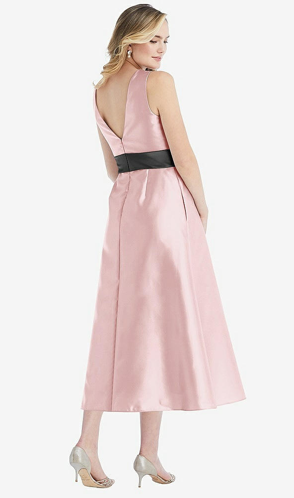 Back View - Ballet Pink & Pewter High-Neck Asymmetrical Shirred Satin Midi Dress with Pockets