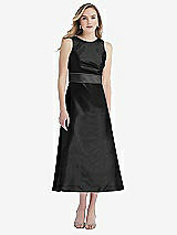 Front View Thumbnail - Black & Pewter High-Neck Asymmetrical Shirred Satin Midi Dress with Pockets