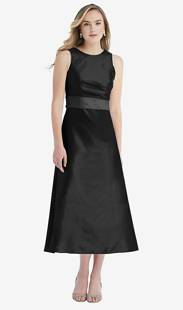 Front View - Black & Pewter High-Neck Asymmetrical Shirred Satin Midi Dress with Pockets