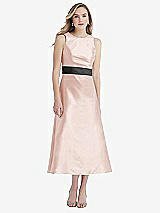 Front View Thumbnail - Blush & Pewter High-Neck Asymmetrical Shirred Satin Midi Dress with Pockets