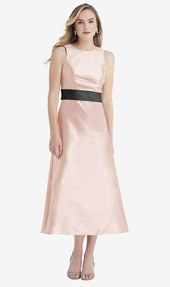 Front View - Blush & Pewter High-Neck Asymmetrical Shirred Satin Midi Dress with Pockets