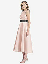 Side View Thumbnail - Blush & Pewter High-Neck Asymmetrical Shirred Satin Midi Dress with Pockets