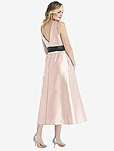 Rear View Thumbnail - Blush & Pewter High-Neck Asymmetrical Shirred Satin Midi Dress with Pockets