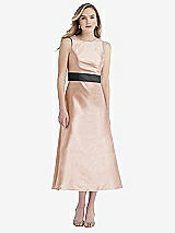 Front View Thumbnail - Cameo & Pewter High-Neck Asymmetrical Shirred Satin Midi Dress with Pockets