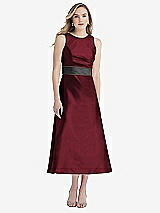 Front View Thumbnail - Cabernet & Pewter High-Neck Asymmetrical Shirred Satin Midi Dress with Pockets