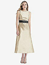 Front View Thumbnail - Champagne & Pewter High-Neck Asymmetrical Shirred Satin Midi Dress with Pockets