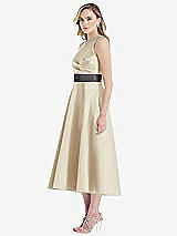 Side View Thumbnail - Champagne & Pewter High-Neck Asymmetrical Shirred Satin Midi Dress with Pockets