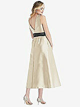Rear View Thumbnail - Champagne & Pewter High-Neck Asymmetrical Shirred Satin Midi Dress with Pockets