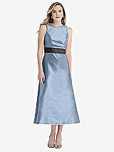 Front View Thumbnail - Cloudy & Pewter High-Neck Asymmetrical Shirred Satin Midi Dress with Pockets