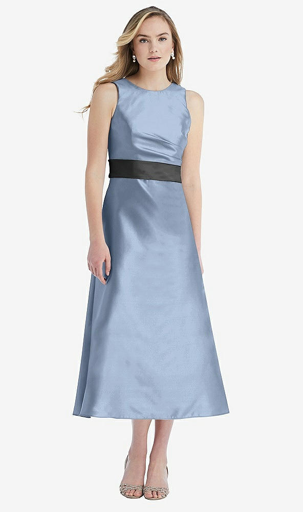 Front View - Cloudy & Pewter High-Neck Asymmetrical Shirred Satin Midi Dress with Pockets