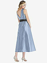 Rear View Thumbnail - Cloudy & Pewter High-Neck Asymmetrical Shirred Satin Midi Dress with Pockets