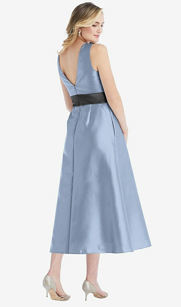 Back View - Cloudy & Pewter High-Neck Asymmetrical Shirred Satin Midi Dress with Pockets