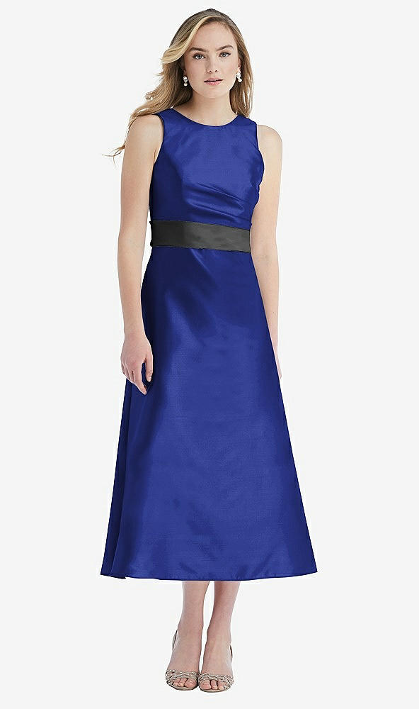 Front View - Cobalt Blue & Pewter High-Neck Asymmetrical Shirred Satin Midi Dress with Pockets