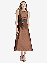 Front View Thumbnail - Cognac & Pewter High-Neck Asymmetrical Shirred Satin Midi Dress with Pockets