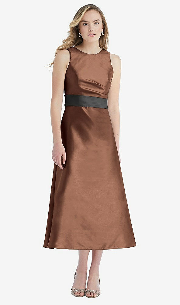 Front View - Cognac & Pewter High-Neck Asymmetrical Shirred Satin Midi Dress with Pockets