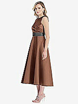 Side View Thumbnail - Cognac & Pewter High-Neck Asymmetrical Shirred Satin Midi Dress with Pockets