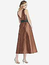 Rear View Thumbnail - Cognac & Pewter High-Neck Asymmetrical Shirred Satin Midi Dress with Pockets