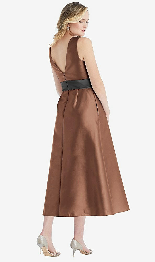 Back View - Cognac & Pewter High-Neck Asymmetrical Shirred Satin Midi Dress with Pockets