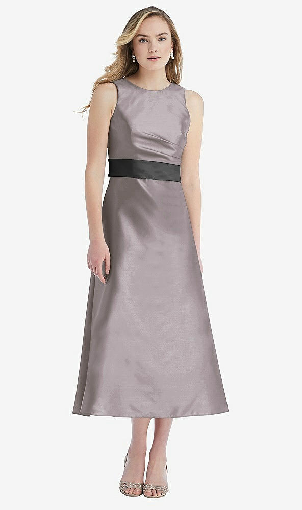 Front View - Cashmere Gray & Pewter High-Neck Asymmetrical Shirred Satin Midi Dress with Pockets
