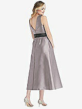Rear View Thumbnail - Cashmere Gray & Pewter High-Neck Asymmetrical Shirred Satin Midi Dress with Pockets