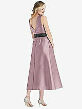 Rear View Thumbnail - Dusty Rose & Pewter High-Neck Asymmetrical Shirred Satin Midi Dress with Pockets