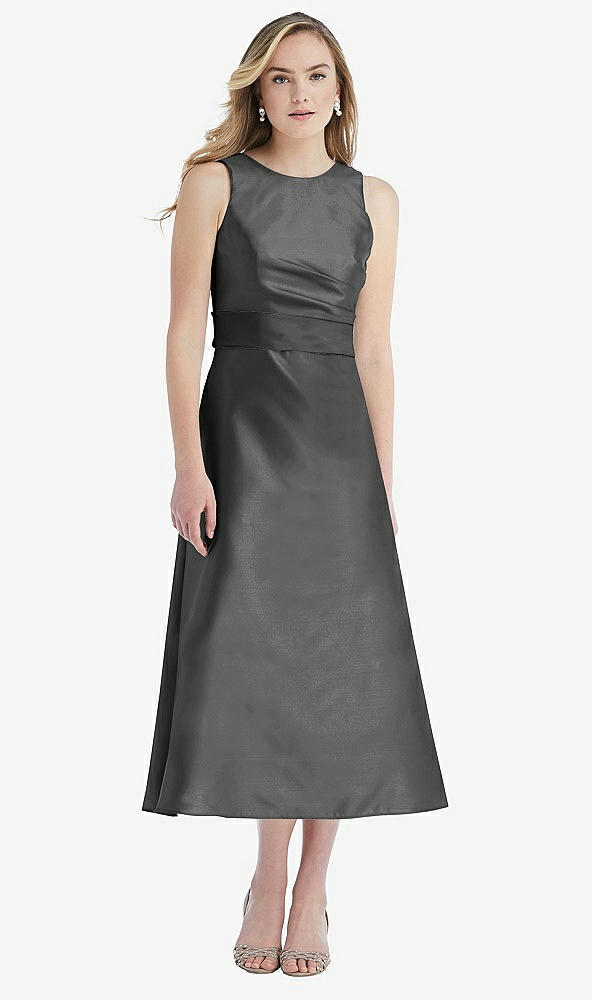 Front View - Gunmetal & Pewter High-Neck Asymmetrical Shirred Satin Midi Dress with Pockets
