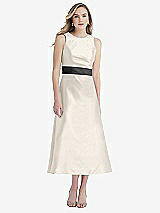 Front View Thumbnail - Ivory & Pewter High-Neck Asymmetrical Shirred Satin Midi Dress with Pockets