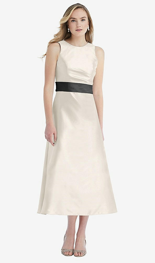 Front View - Ivory & Pewter High-Neck Asymmetrical Shirred Satin Midi Dress with Pockets