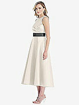 Side View Thumbnail - Ivory & Pewter High-Neck Asymmetrical Shirred Satin Midi Dress with Pockets