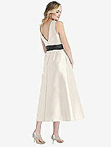 Rear View Thumbnail - Ivory & Pewter High-Neck Asymmetrical Shirred Satin Midi Dress with Pockets