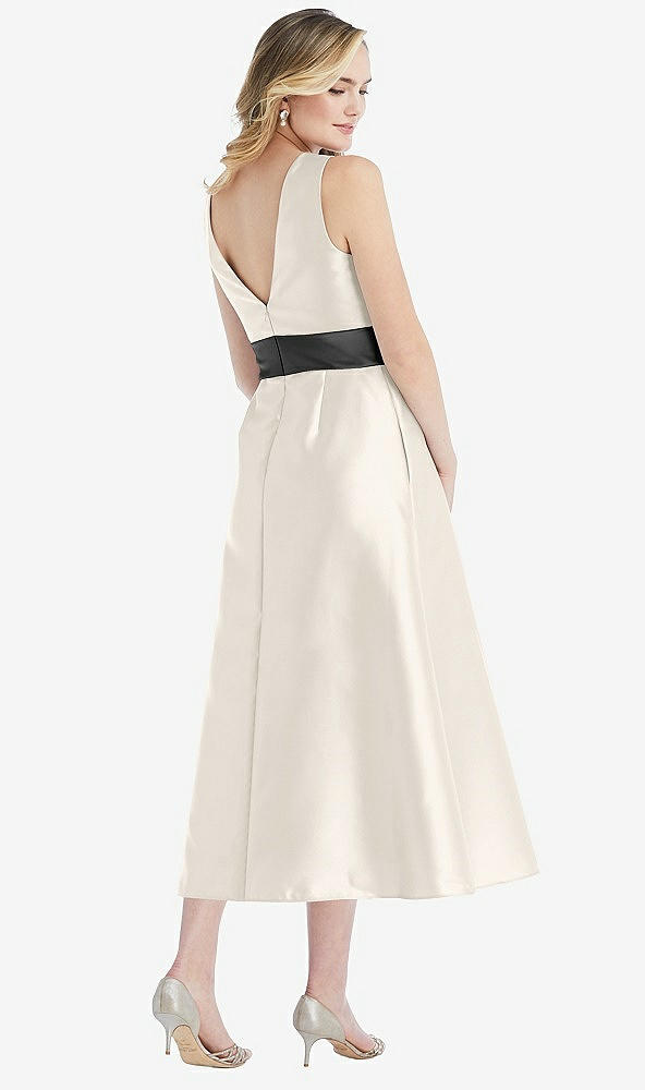 Back View - Ivory & Pewter High-Neck Asymmetrical Shirred Satin Midi Dress with Pockets