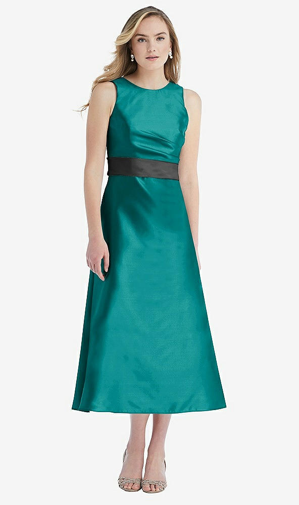 Front View - Jade & Pewter High-Neck Asymmetrical Shirred Satin Midi Dress with Pockets