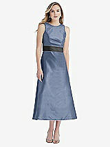 Front View Thumbnail - Larkspur Blue & Pewter High-Neck Asymmetrical Shirred Satin Midi Dress with Pockets