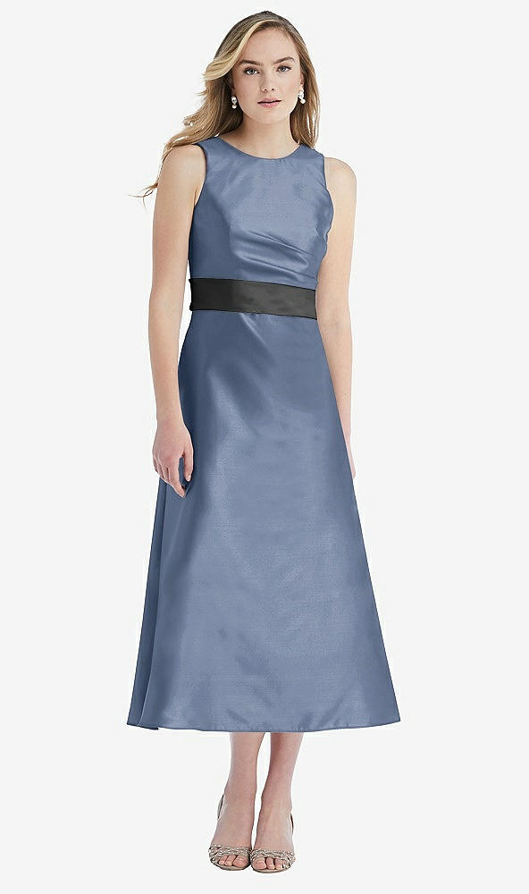 Front View - Larkspur Blue & Pewter High-Neck Asymmetrical Shirred Satin Midi Dress with Pockets