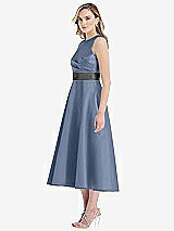 Side View Thumbnail - Larkspur Blue & Pewter High-Neck Asymmetrical Shirred Satin Midi Dress with Pockets
